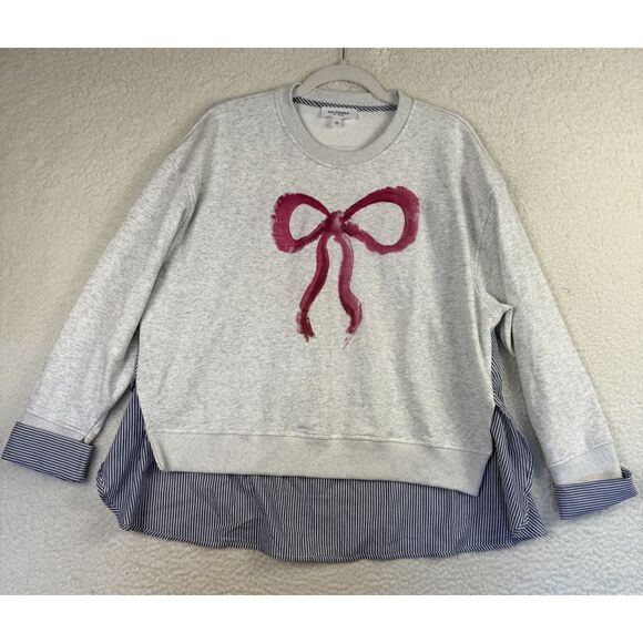 Eesome Sweater Womens Large Gray Pink Bow Pullover‎ Striped Contrast Coquette - Picture 1 of 7
